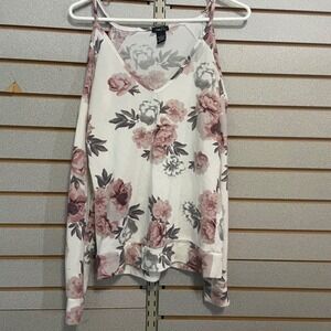 Rue 21 Floral Cold Shoulder V Neck‎ Long Sleeve Top Women's Sz S White Pink Gray